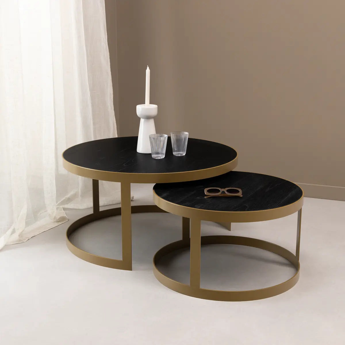 Stalux Salontafelset 'Saar' rond 80 en 60cm, kleur goud / zwart eiken Stalux