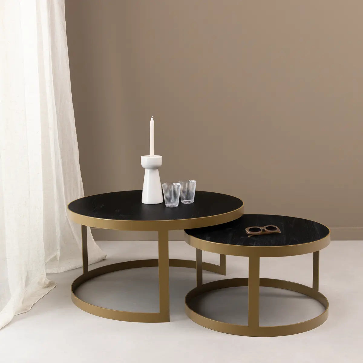 Stalux Salontafelset 'Saar' rond 80 en 60cm, kleur goud / zwart eiken Stalux