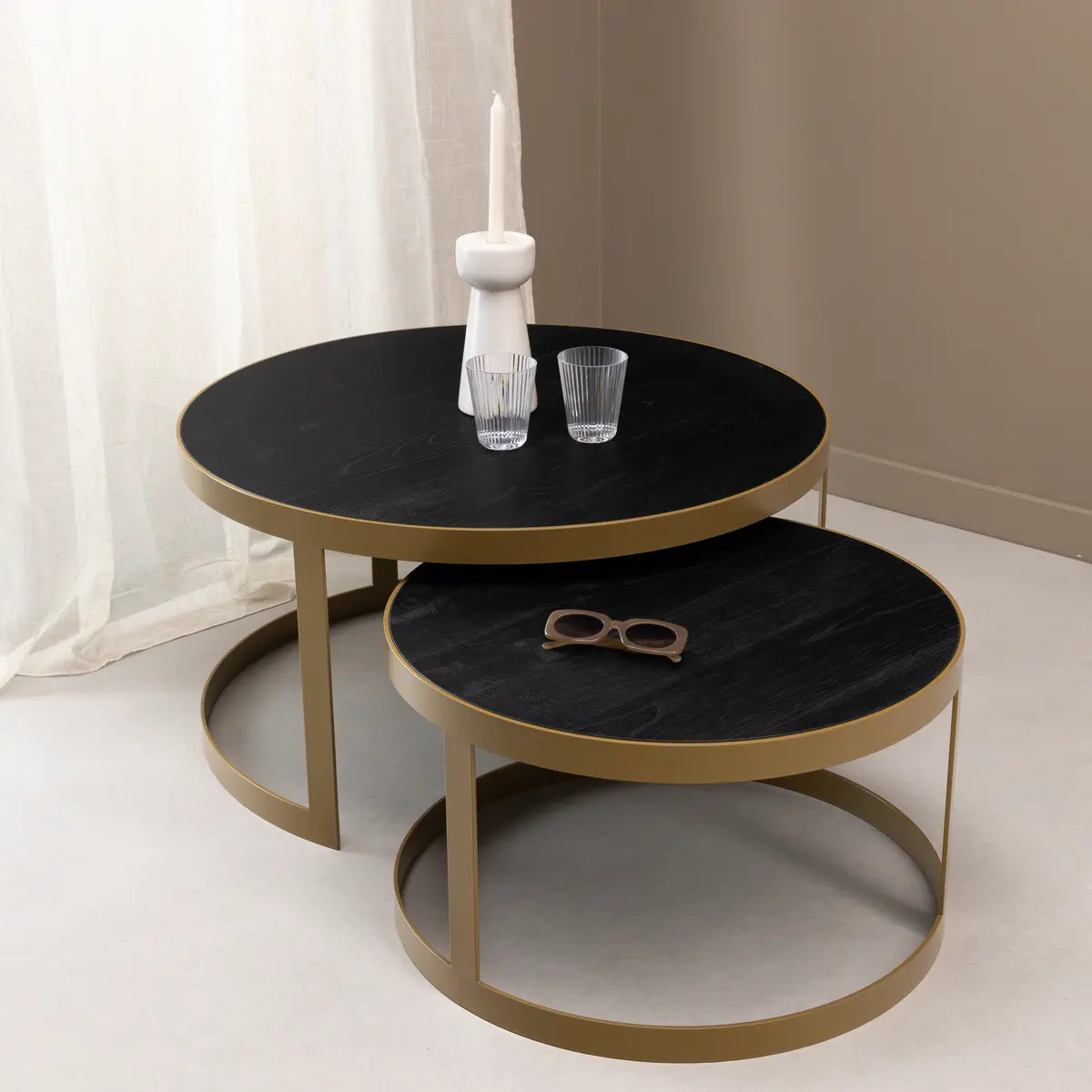 Stalux Salontafelset 'Saar' rond 80 en 60cm, kleur goud / zwart eiken Stalux