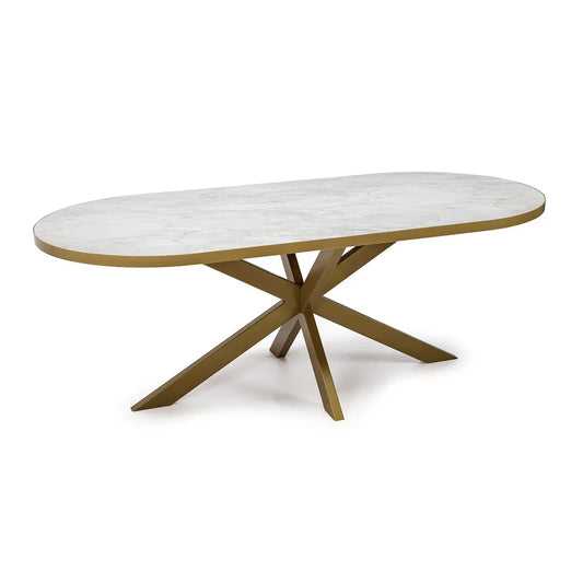 Stalux Plat ovale eettafel 'Noud' 240 x 100, kleur goud / wit marmer Stalux